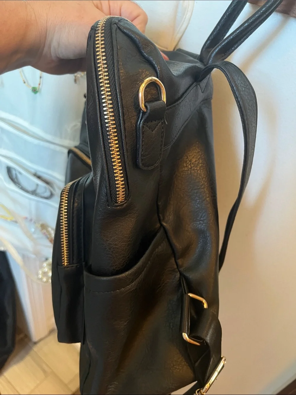 Black Faux Leather Women's Backpack with Gold Hardware